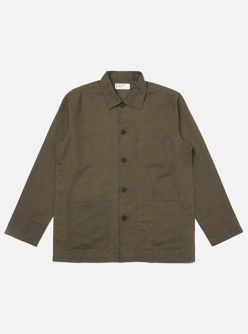 The Olive Linen Cotton Shirting Bakers Overshirt is shown laid flat against a solid white background. The garment features an olive green color, a classic one-piece collar, a full button-down front, and four front patch pockets: one asymmetric chest pocket, two large lower pockets, and a single partially concealed coin pocket. The overshirt has a straight hem and unbuttoned cuffs.