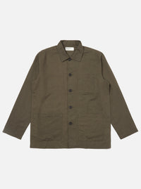 The Olive Linen Cotton Shirting Bakers Overshirt is shown laid flat against a solid white background. The garment features an olive green color, a classic one-piece collar, a full button-down front, and four front patch pockets: one asymmetric chest pocket, two large lower pockets, and a single partially concealed coin pocket. The overshirt has a straight hem and unbuttoned cuffs.