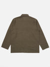 The back of the Olive Linen Cotton Shirting Bakers Overshirt is displayed flat against a solid white background. The image highlights the horizontal back yoke and the clean, straight hemline of the garment.