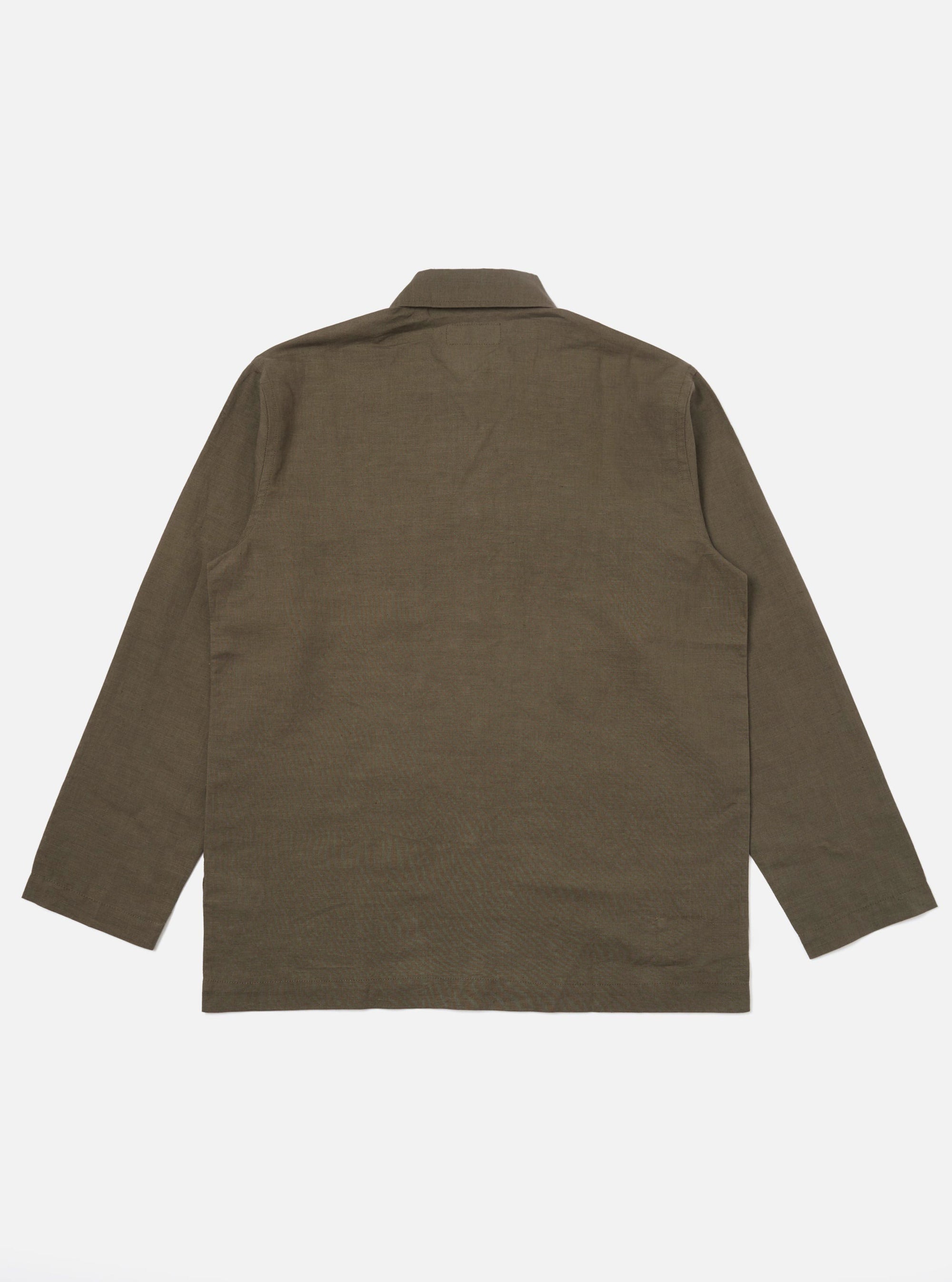 The back of the Olive Linen Cotton Shirting Bakers Overshirt is displayed flat against a solid white background. The image highlights the horizontal back yoke and the clean, straight hemline of the garment.