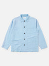 A Pale Blue Linen Cotton Shirting Bakers Overshirt is shown laid flat against a solid white background. The garment features a classic pointed collar, a full button-down front, one asymmetric chest pocket, and two large patch pockets at the waist. The light blue fabric has a subtle, textured appearance.