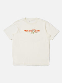 The Ecru Single Jersey Trail Trail To Hotel Delux Tee is shown laid flat against a solid white background. The short-sleeved t-shirt features a classic ribbed crew neck and a small graphic print on the left chest.