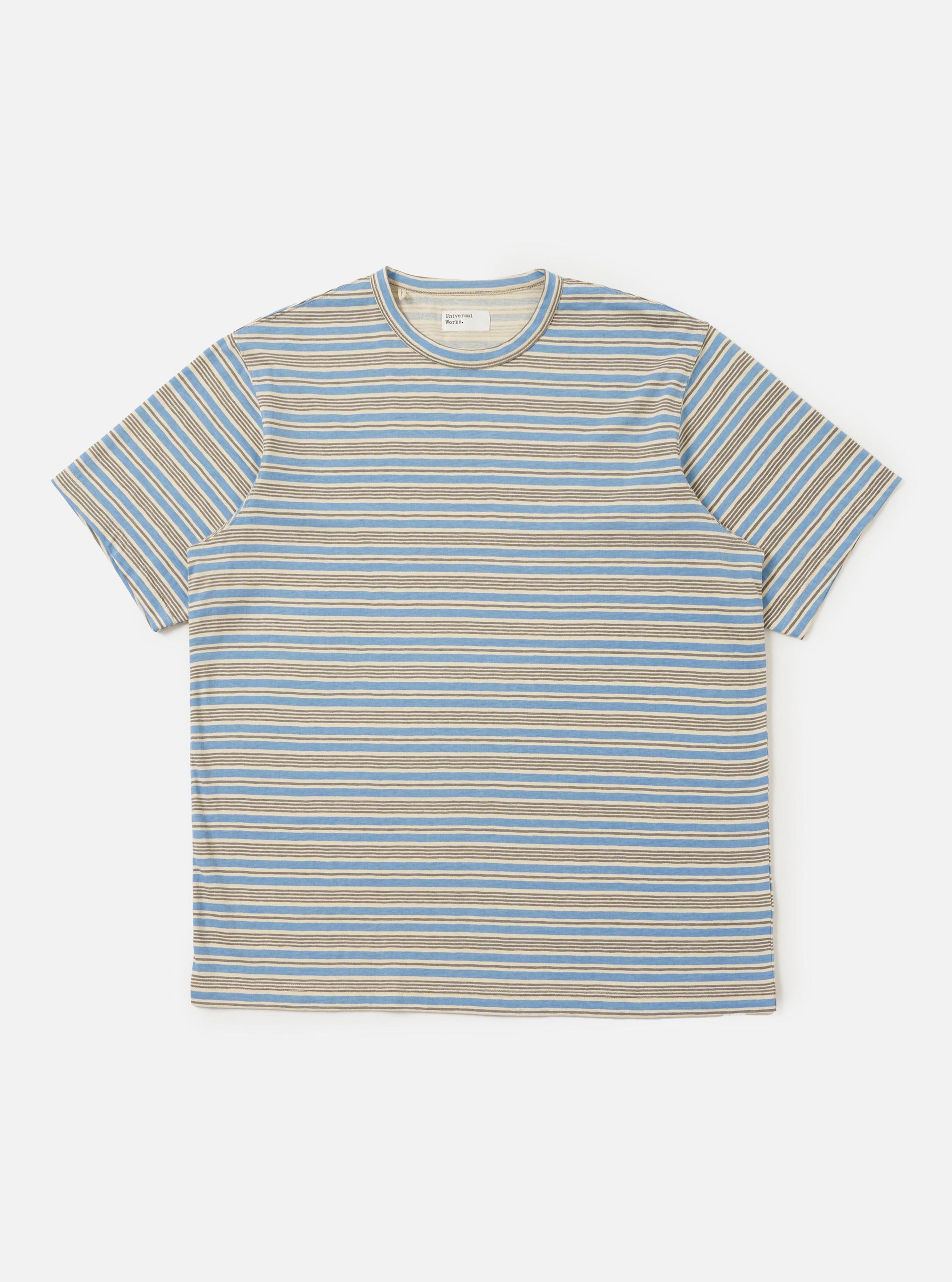 The Pale Blue OS Stripe Jersey Core Tee is shown laid flat against a solid white background. The short-sleeved t-shirt features a light blue and white horizontal stripe pattern, a ribbed crew neckline, and a straight hem.