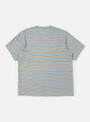 The Pale Blue OS Stripe Jersey Core Tee is shown from the back, laid flat against a plain white background. The image highlights the horizontal light blue and white stripes, the short sleeves, and the clean, straight hem of the garment.