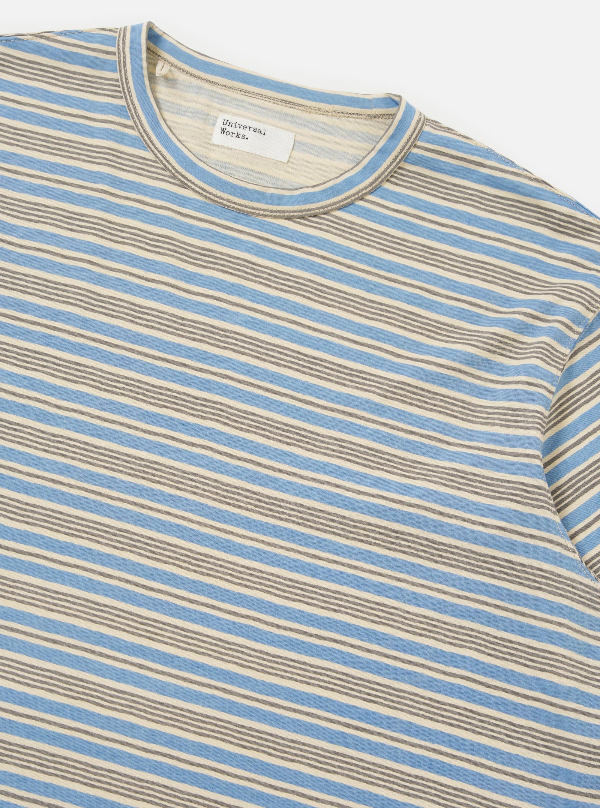 The Pale Blue OS Stripe Jersey Core Tee is shown from the back, laid flat against a plain white background. The image highlights the horizontal light blue and white stripes, the short sleeves, and the straight hem of the garment.