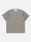 The Grey OS Stripe Jersey Core Tee is shown laid flat against a solid white background. The short-sleeved t-shirt features a light grey base with irregular, hand-painted style charcoal grey horizontal stripes. It has a classic crew neck with a self-bound collar.