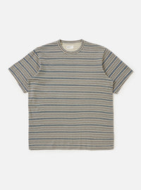 The Grey OS Stripe Jersey Core Tee is shown laid flat against a solid white background. The short-sleeved t-shirt features a light grey base with irregular, hand-painted style charcoal grey horizontal stripes. It has a classic crew neck with a self-bound collar.