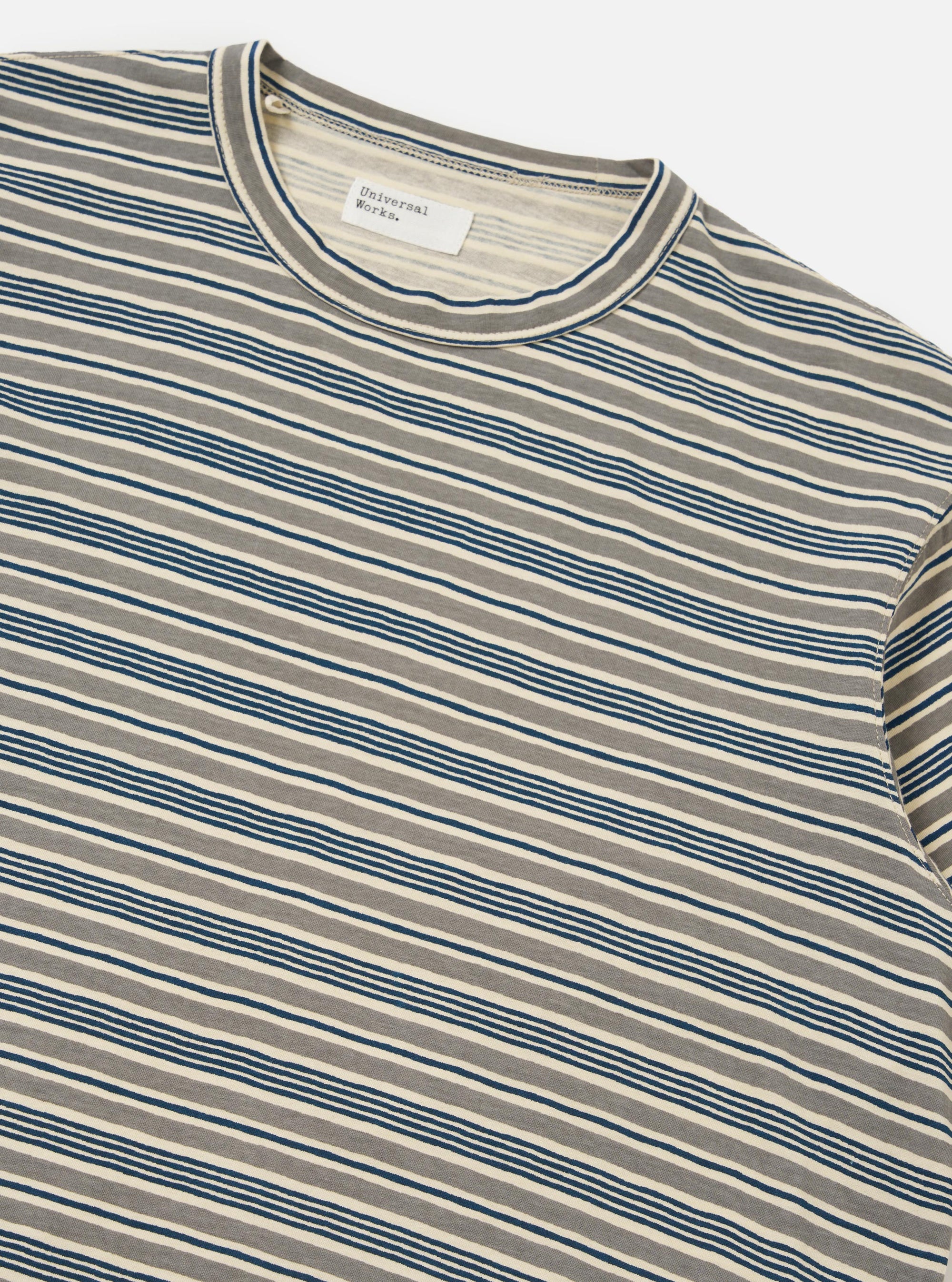 The Grey OS Stripe Jersey Core Tee is shown from a rear perspective, laid flat against a solid white background. The image highlights the short sleeves, a straight hem, and the horizontal grey and white stripe pattern of the jersey fabric.