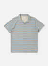 A Pale Blue OS Stripe Jersey Vacation Polo is shown laid flat against a plain white background. The garment features horizontal light blue and white stripes, a standard polo collar, and a short-sleeved silhouette.