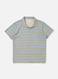 A Pale Blue OS Stripe Jersey Vacation Polo is shown laid flat against a plain white background. The garment features horizontal light blue and white stripes, a standard polo collar, and a short-sleeved silhouette.