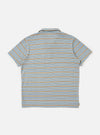 The Pale Blue OS Stripe Jersey Vacation Polo is shown from the back, laid flat against a plain white background. The image highlights the horizontal light blue and white stripes, the straight hem with a slight drop, and the small side vents.