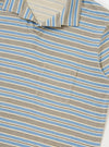The Pale Blue OS Stripe Jersey Vacation Polo is shown from the back, laid flat against a plain white background. The image highlights the horizontal light blue and white stripes, the straight hem with a slightly dropped back, and the small side vents.