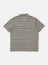 The Grey OS Stripe Jersey Vacation Polo is shown from the back, laid flat against a plain white background. The image highlights the horizontal stripe pattern in grey and white, the straight hem with side vents, and the back of the single-piece collar.