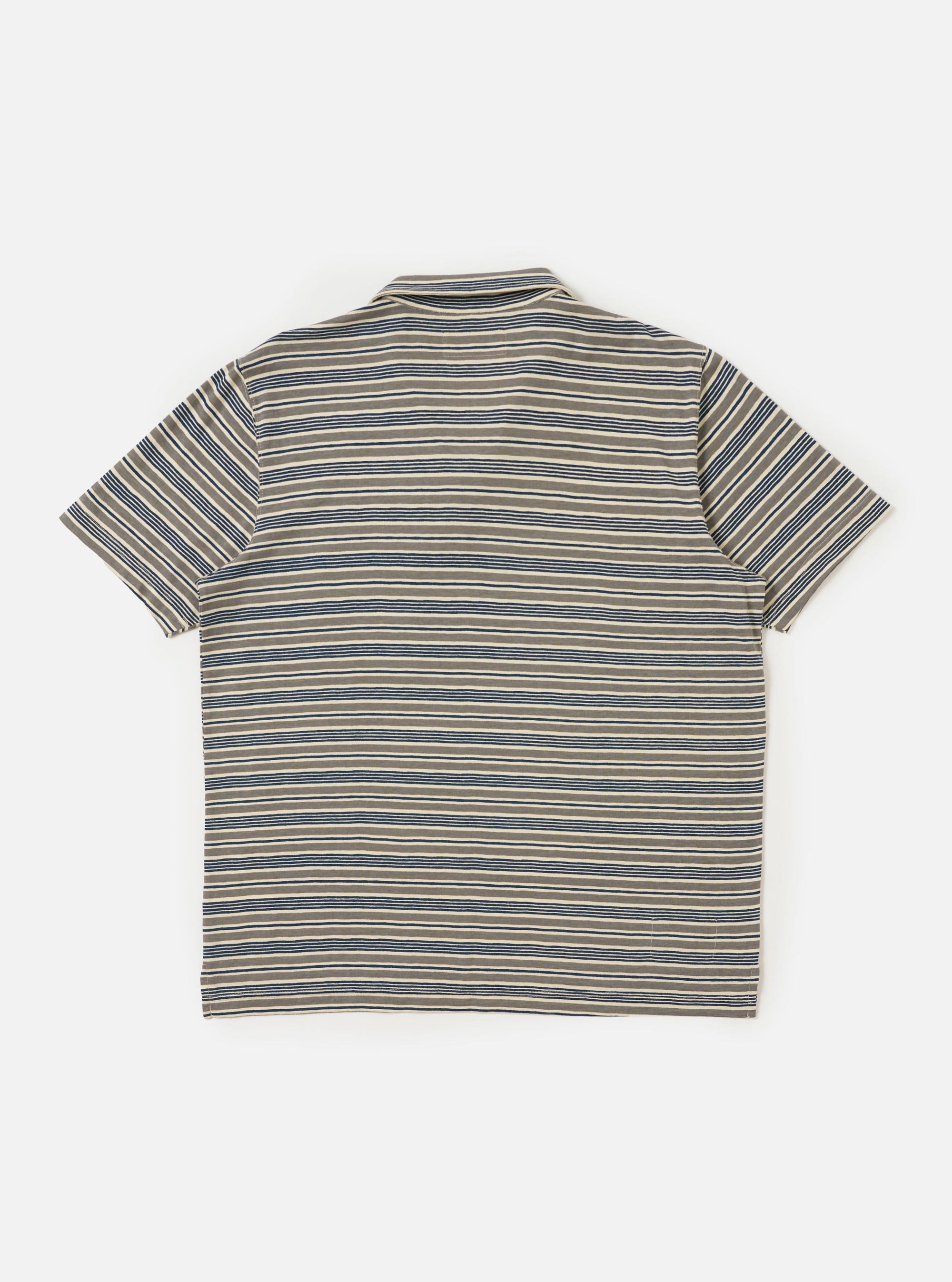 The Grey OS Stripe Jersey Vacation Polo is shown from the back, laid flat against a plain white background. The image highlights the horizontal stripe pattern in grey and white, the straight hem with side vents, and the back of the single-piece collar.