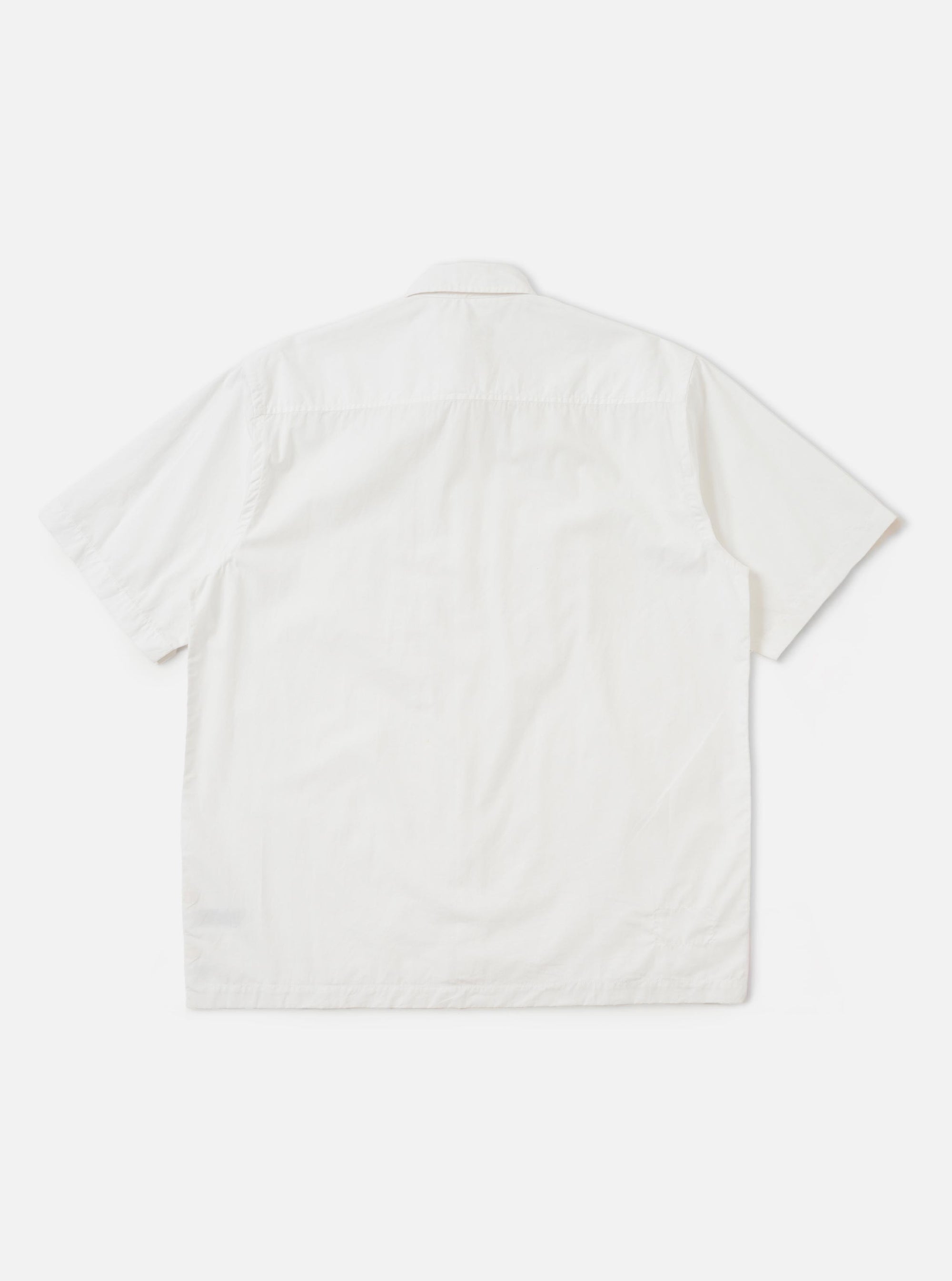 A White Poplin Frill Shirt is shown from the back, displayed flat against a plain white background. The image highlights the shirt's clean white cotton poplin fabric, a straight hem, and long sleeves.