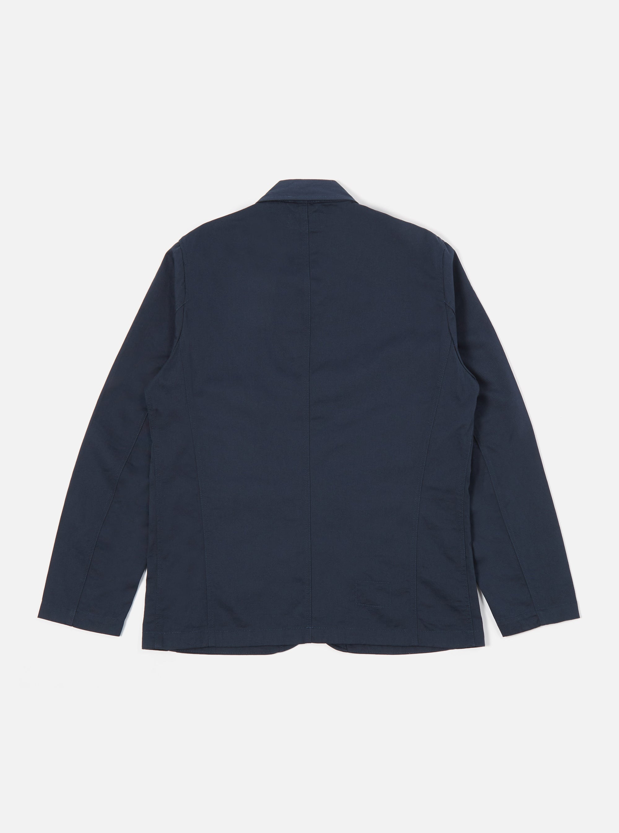 Back view of the Navy Twill Bakers Jacket on a white background. The jacket is a dark navy color and appears to be made of a sturdy twill material.