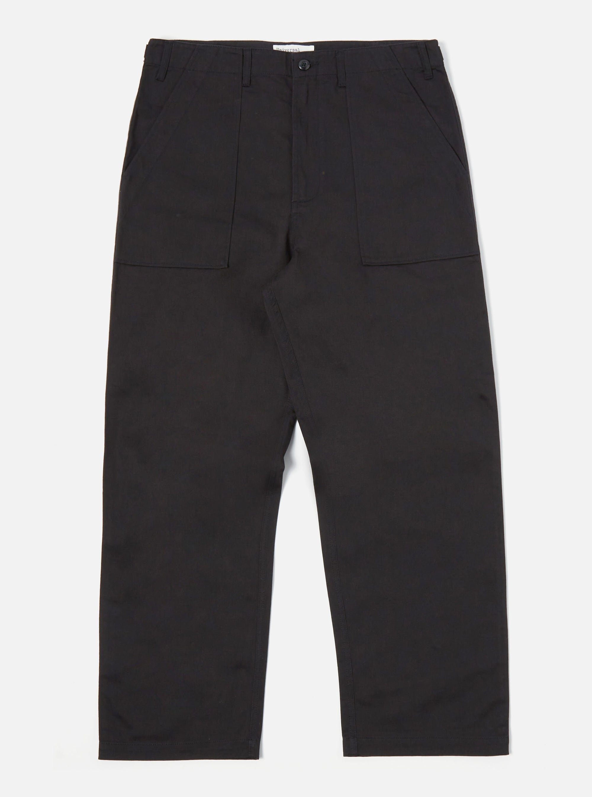 The Black Twill Fatigue Pant (Undarted) in black twill on a white background. The pants have a relaxed fit with front patch pockets.