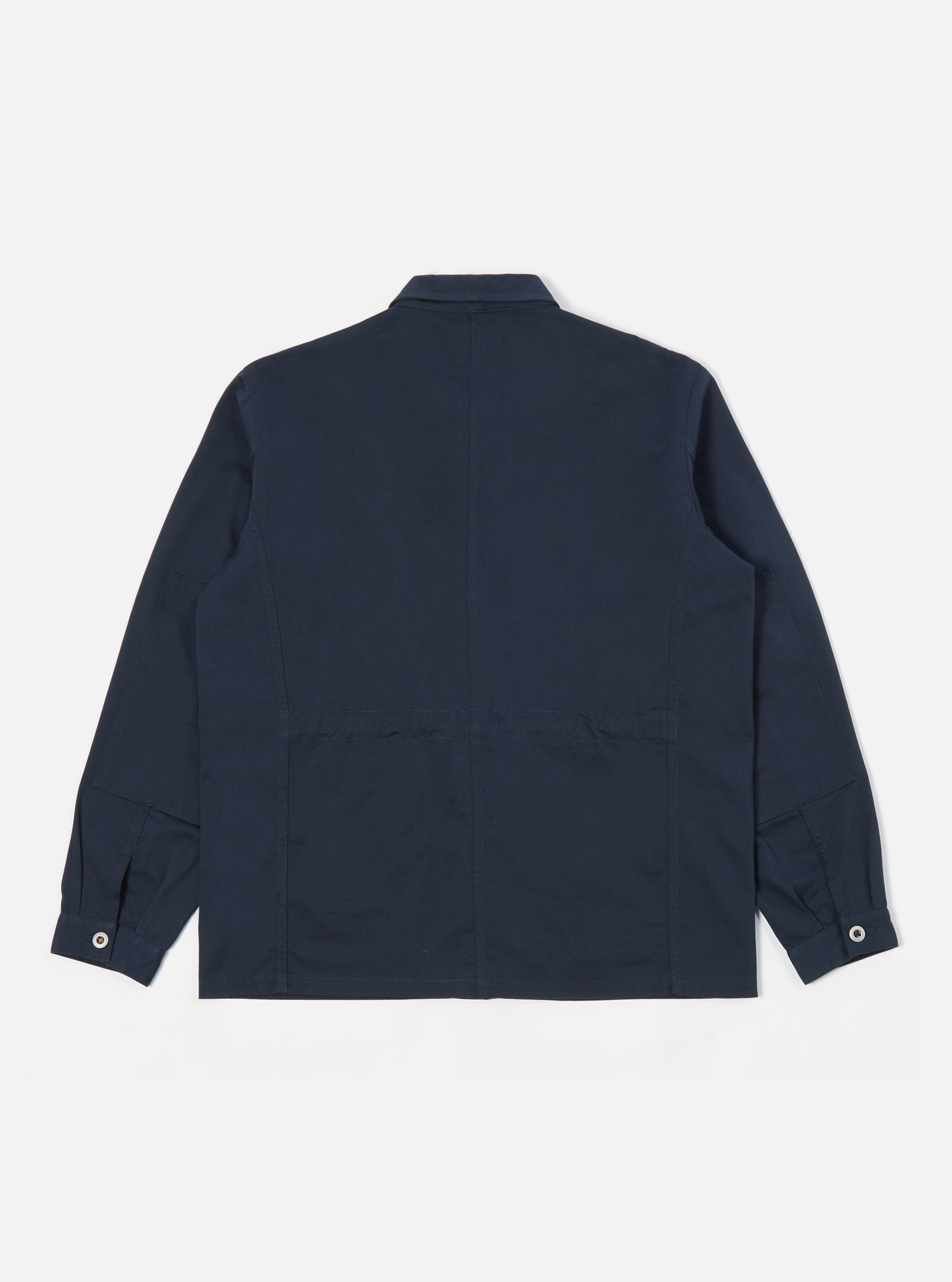 Back view of the Navy Twill MW Fatigue Jacket on a white background. The twill jacket has long sleeves and a classic fit.