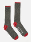 Two Derby Wool Hike Sock, displayed on a white background. The socks are gray with red toes and cuffs. One sock has "Universal Works. Made in England" printed on it.