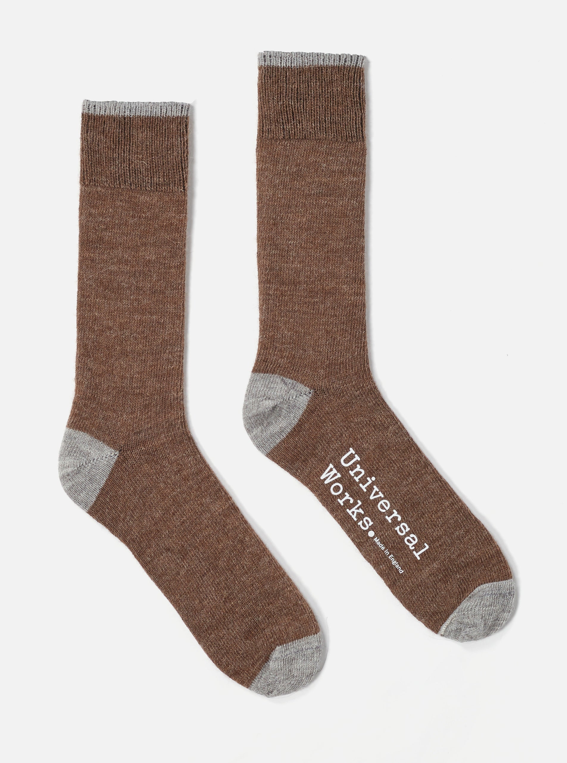 Two Brown Alpaca Wool Socks on a white background. The socks have gray toes and cuffs.