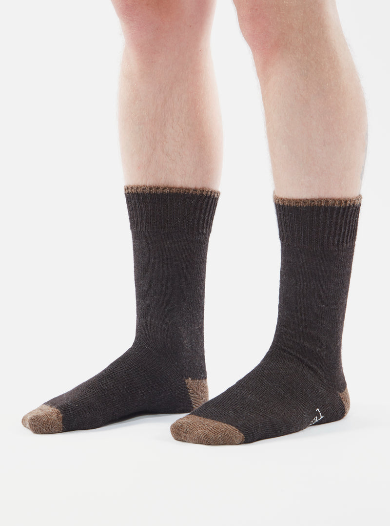 A close-up studio shot on a white background shows a person wearing Charcoal Alpaca Wool Sock. The sock is charcoal with a brown toe and cuff.