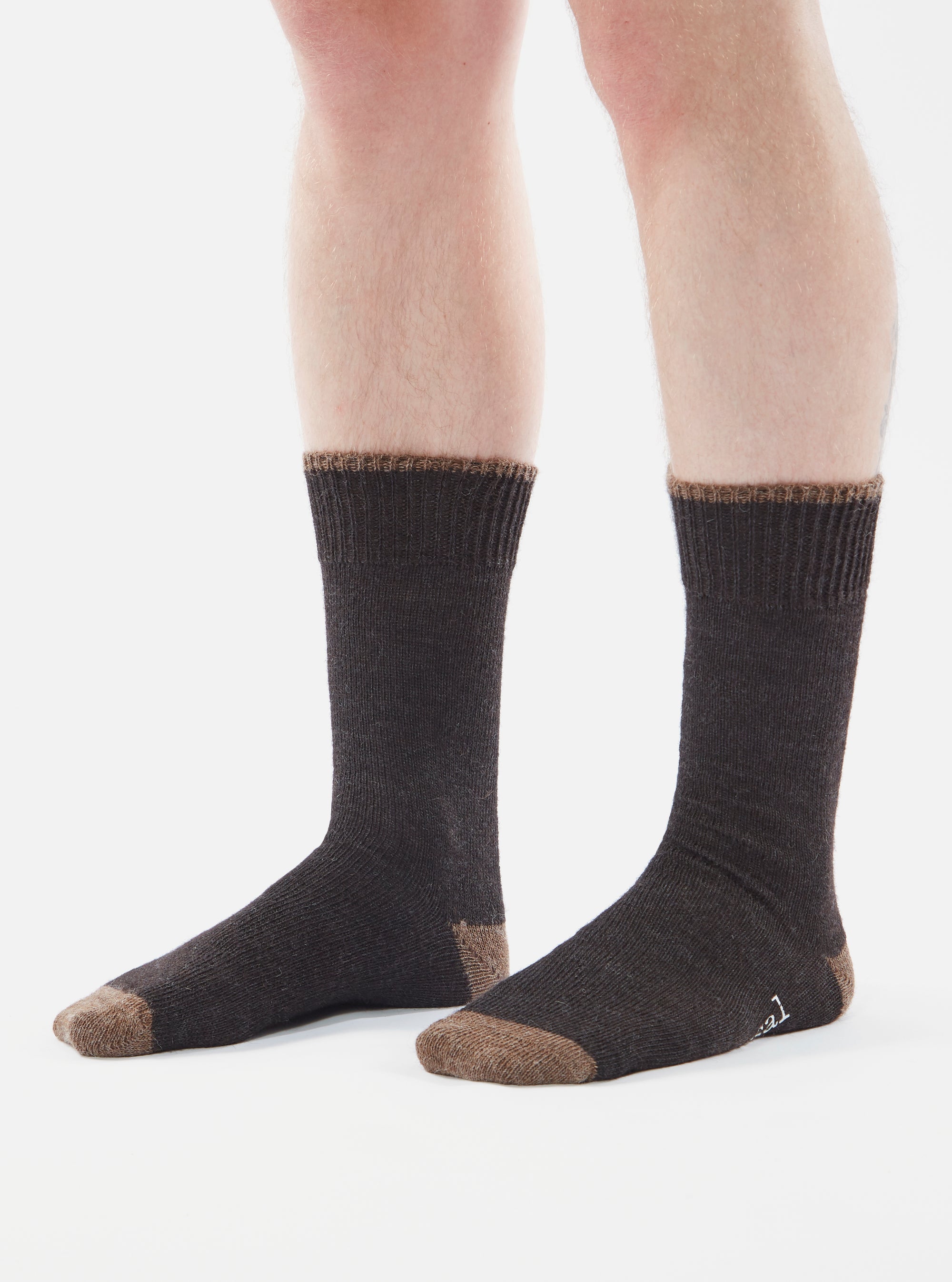 A close-up studio shot on a white background shows a person wearing Charcoal Alpaca Wool Sock. The sock is charcoal with a brown toe and cuff.