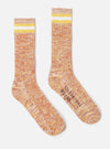 Two Yellow Cotton Everyday Stripe Sock on a white background. The socks have yellow and white stripes at the top and the words 'Universal Works' on the side.