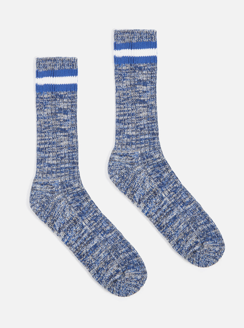 Two Navy Cotton Everyday Stripe Sock on a white background. The socks are a blend of navy and white, with two white stripes at the top.