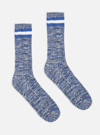 Two Navy Cotton Everyday Stripe Sock on a white background. The socks are a blend of navy and white, with two white stripes at the top.
