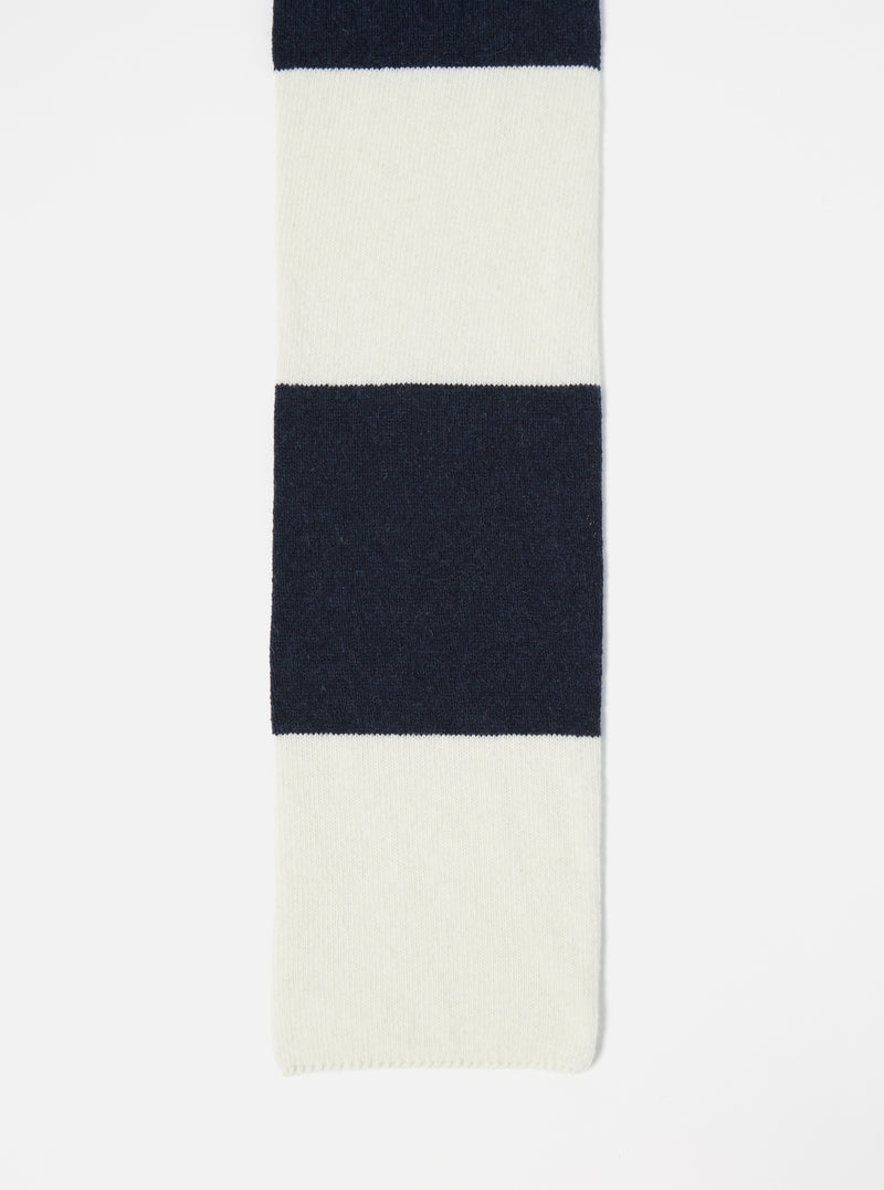 Close-up of the Navy/Ecru Soft Wool Deluxe Football Scarf on a white background. The scarf features alternating navy and ecru stripes.