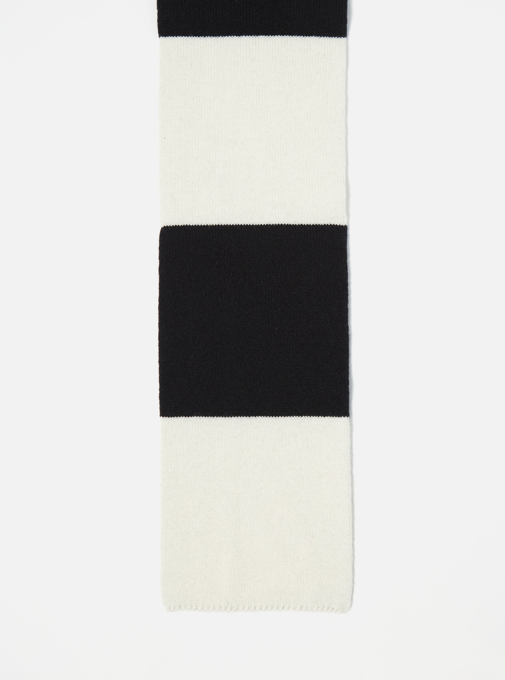 Close-up of the Ecru/Black Soft Wool Deluxe Football Scarf on a white background. The scarf features alternating ecru and black stripes.