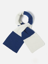 The Ecru/Blue Soft Wool Deluxe Football Scarf is displayed on a white background. The scarf is folded in a loop, showing the alternating ecru and blue stripes. The wool material has a soft, textured appearance.