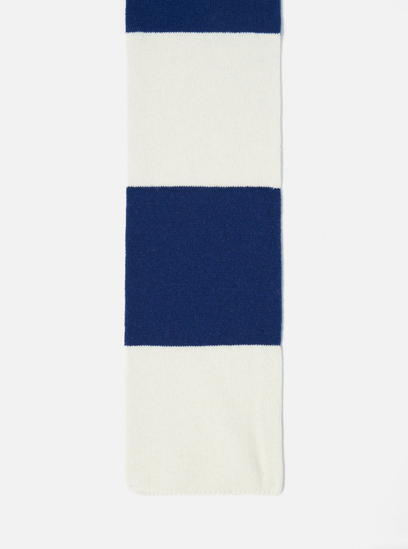Close up of the Ecru/Blue Soft Wool Deluxe Football Scarf on a white background. The scarf has alternating ecru and blue stripes.