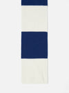 Close up of the Ecru/Blue Soft Wool Deluxe Football Scarf on a white background. The scarf has alternating ecru and blue stripes.