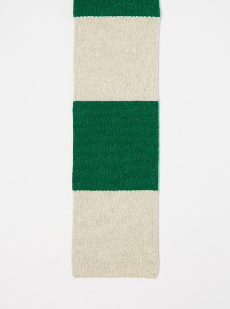 Close-up of a Beige/Green Soft Wool Deluxe Football Scarf on a white background. The scarf features alternating beige and green stripes.