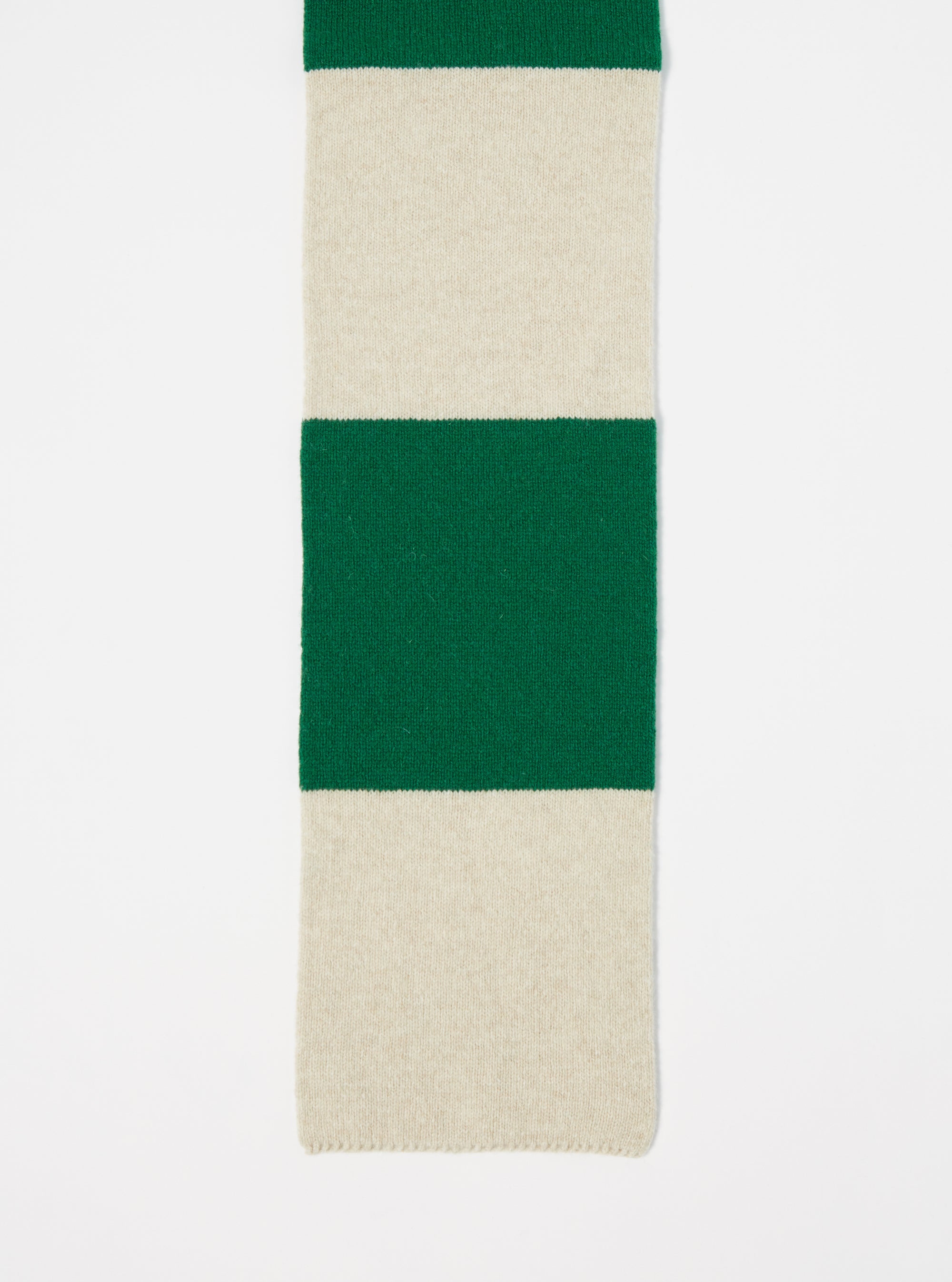 Close-up of a Beige/Green Soft Wool Deluxe Football Scarf on a white background. The scarf features alternating beige and green stripes.
