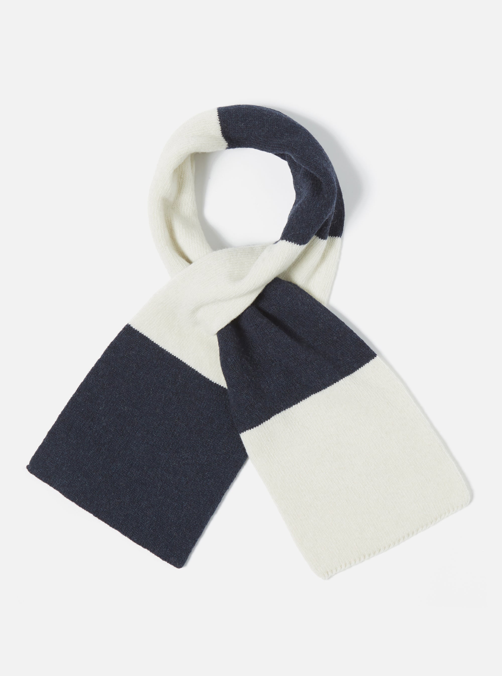 Navy/Ecru Soft Wool Deluxe Football Scarf on a white surface. The wool scarf has alternating navy and ecru stripes.