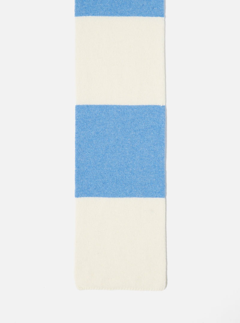 Close-up of the Ecru/Sky Soft Wool Deluxe Football Scarf on a white background. The scarf features alternating stripes of ecru and sky blue.