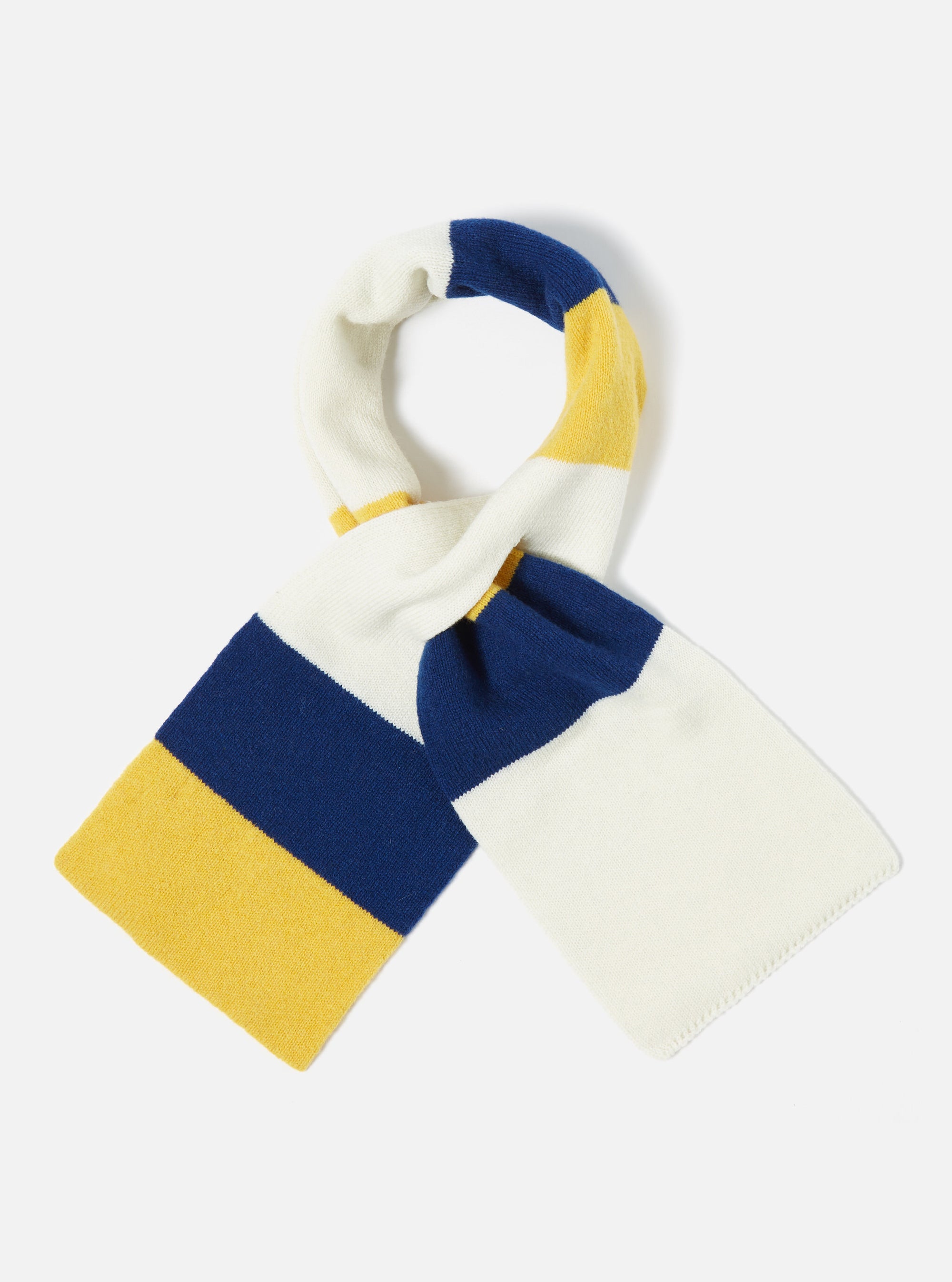 The Ecru/Yellow/Blue Soft Wool Deluxe Football Scarf is displayed on a white background. The scarf features alternating stripes of ecru, yellow, and blue wool.