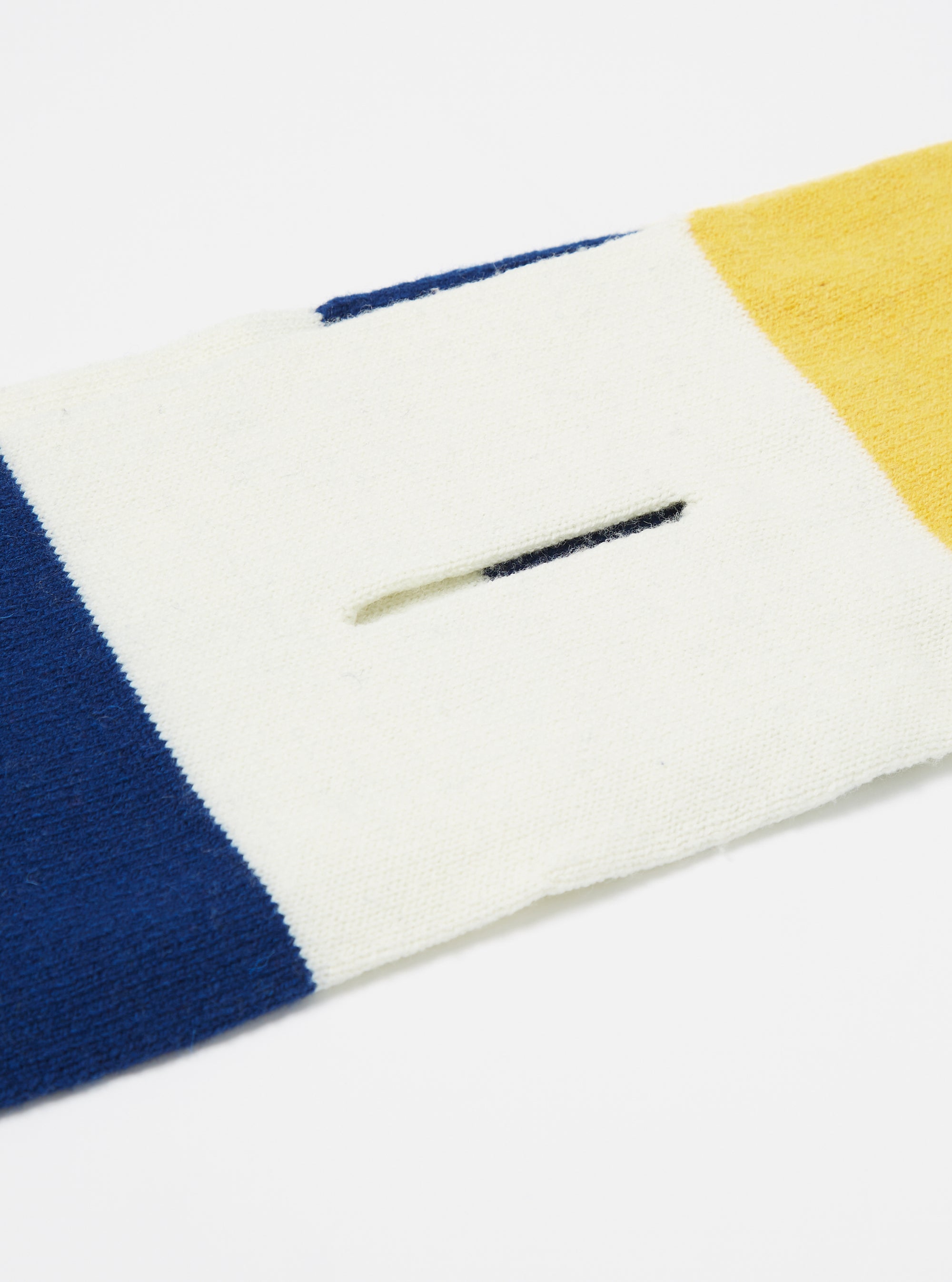 Close-up of the Ecru/Yellow/Blue Soft Wool Deluxe Football Scarf on a white background. The scarf features horizontal stripes and a soft wool texture.
