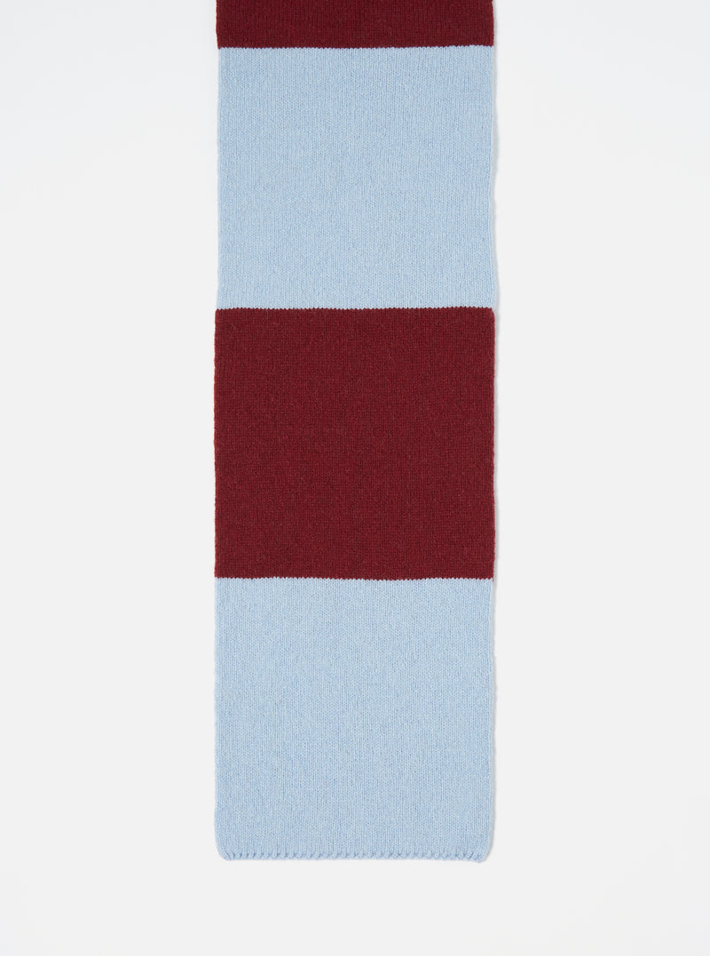 Close-up of a Sky/Claret Soft Wool Deluxe Football Scarf on a white background. The scarf features alternating stripes of sky blue and claret wool.