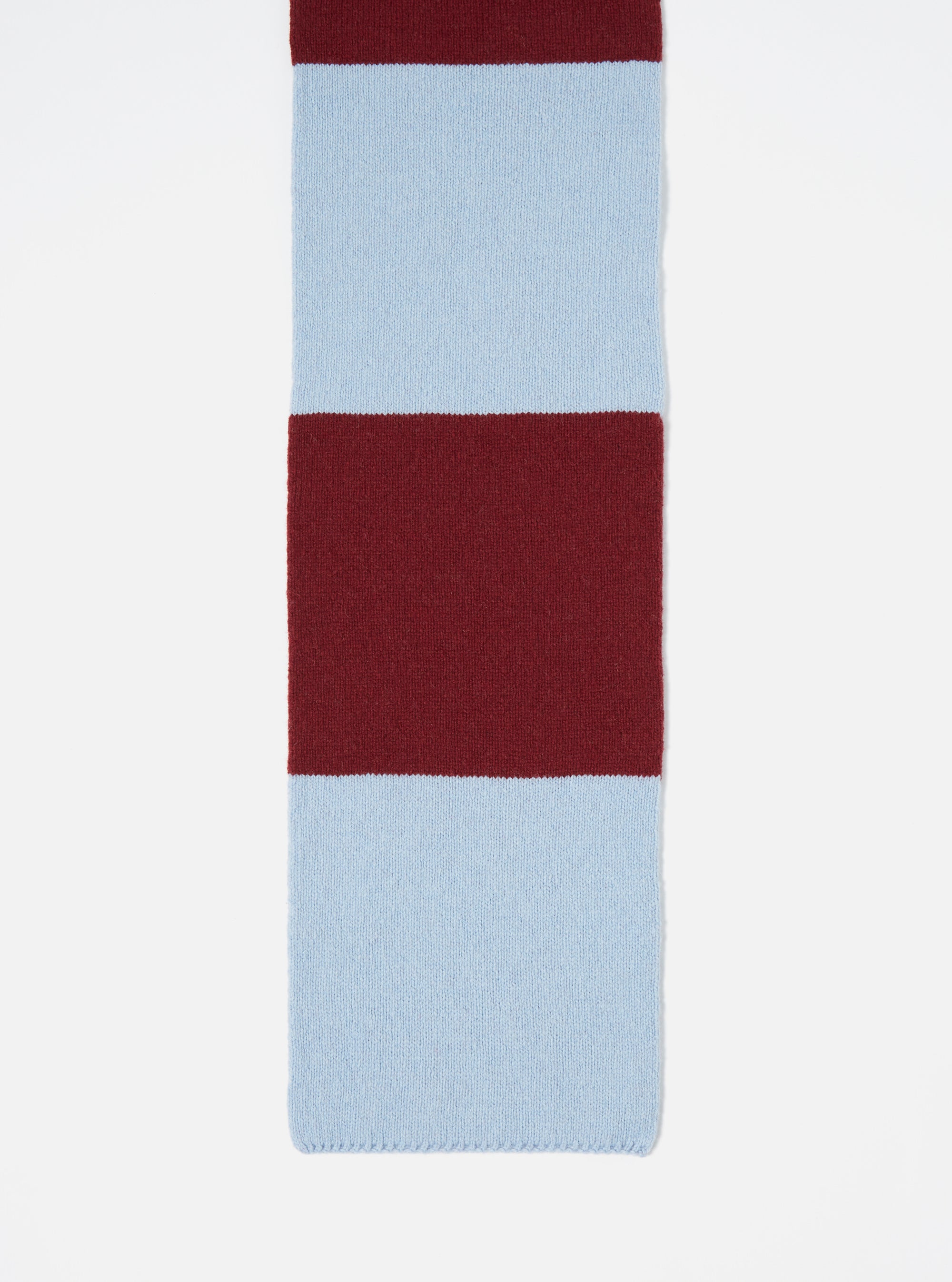 Close-up of a Sky/Claret Soft Wool Deluxe Football Scarf on a white background. The scarf features alternating stripes of sky blue and claret wool.
