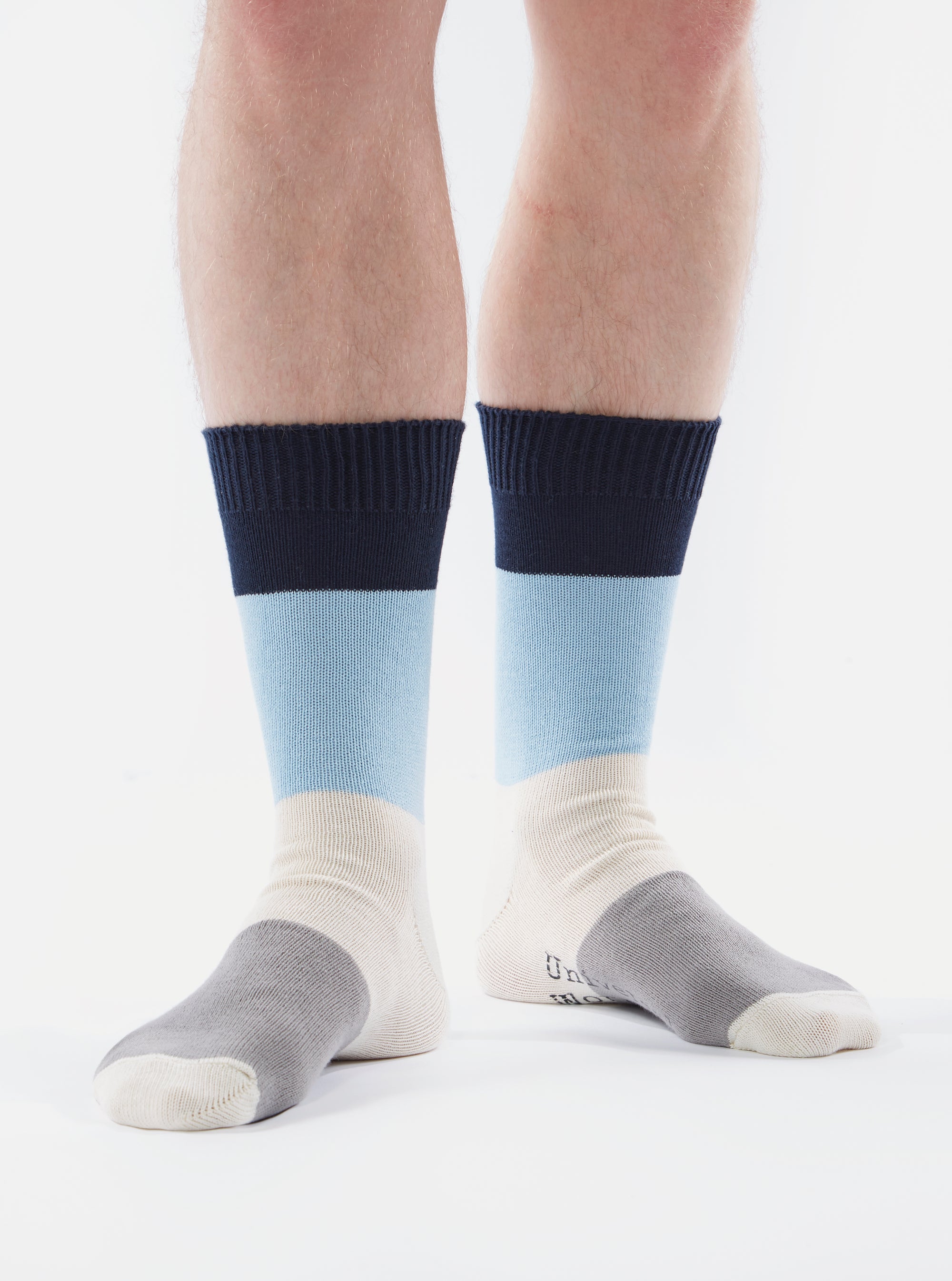A person stands against a white background wearing Navy/Sky Cotton Bold Stripe Sock. The socks feature navy, sky blue, cream, and gray stripes.