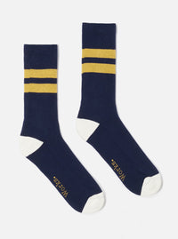 Studio shot of Navy/Yellow Cotton Rib Sport Sock. Navy sock with yellow stripes and white toe and heel on a white background.