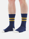 A model wears Navy/Yellow Cotton Rib Sport Sock on a white background. The sock is navy with yellow stripes and a white toe.