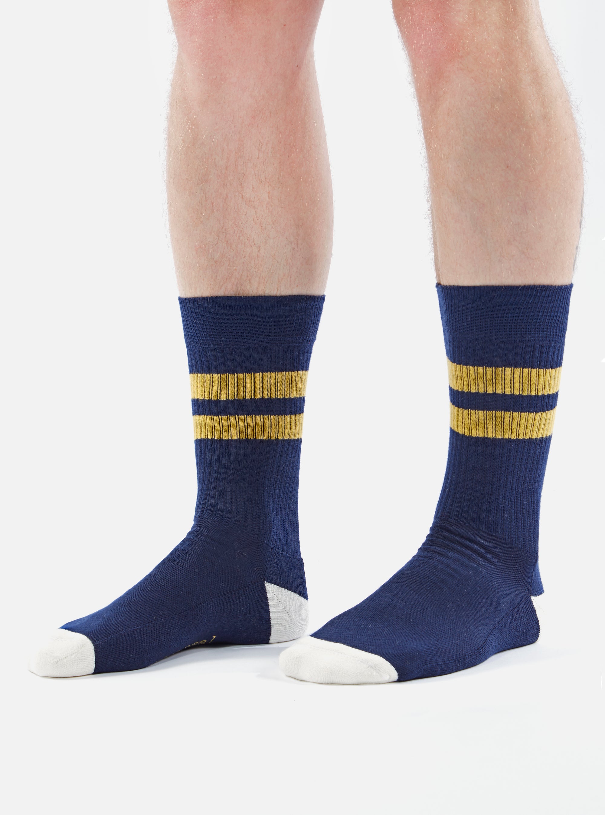 A model wears Navy/Yellow Cotton Rib Sport Sock on a white background. The sock is navy with yellow stripes and a white toe.