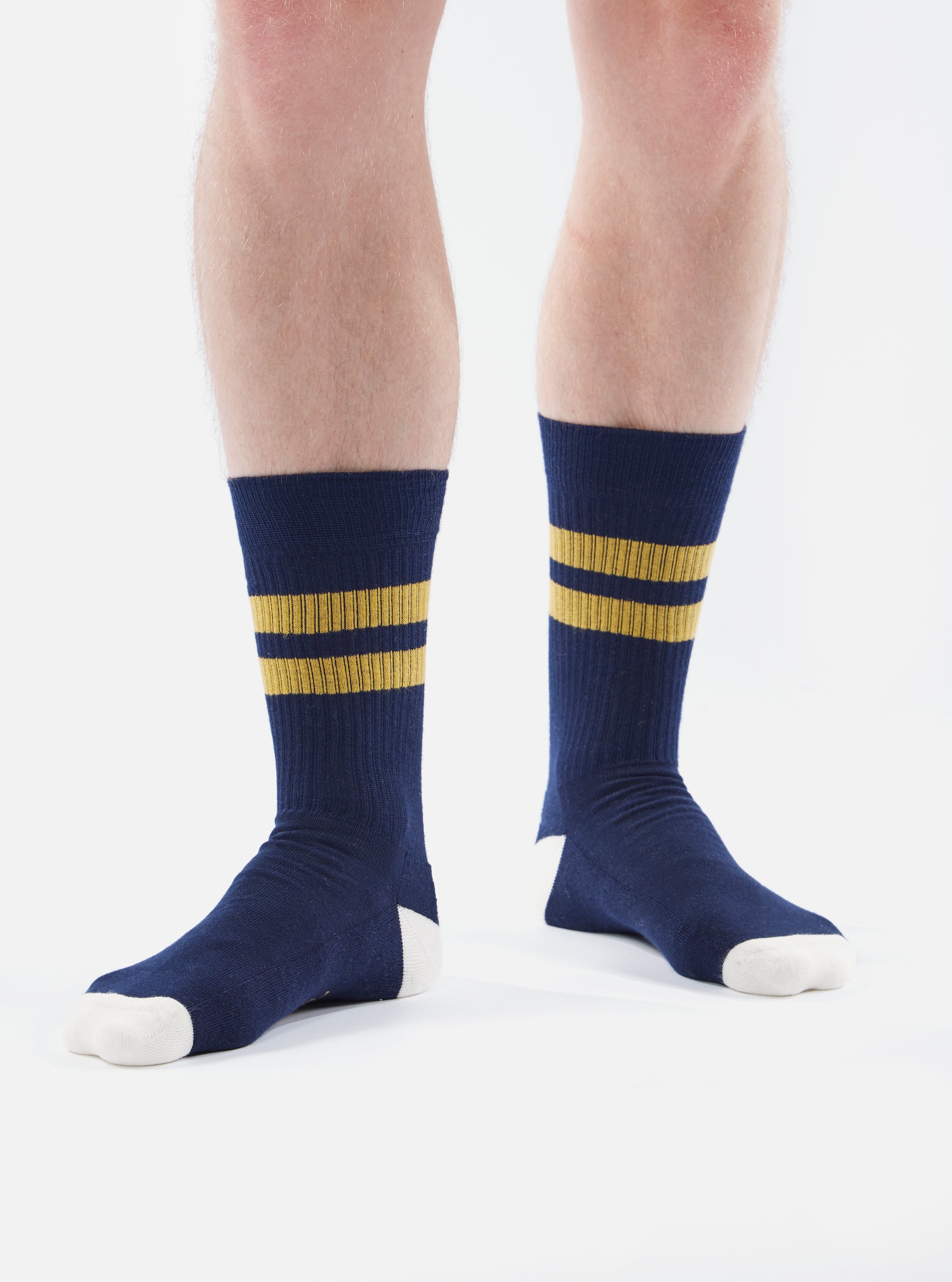 Close-up of a model wearing Navy/Yellow Cotton Rib Sport Sock on a white background. The sock features yellow stripes and a white toe.