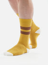 Close-up of a model wearing Yellow/Raisin Cotton Rib Sport Sock on a white background. The sock features raisin stripes and a white toe.