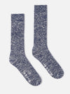 Two Navy Slub Knit Slub Socks are displayed on a white background. The socks have a ribbed texture and a heathered navy and white color. 