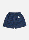Back view of the Blue Check Boxer Short on a white background. The shorts are blue with a black check pattern and have an elastic waistband.